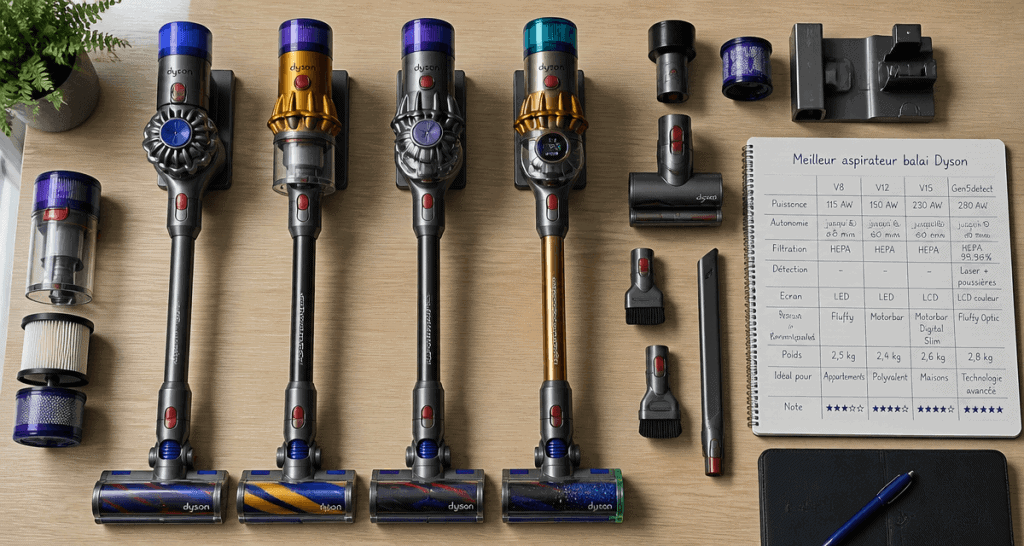 Meilleur aspirateur balai Dyson V8 V12 V15 Gen5detect et accessoires