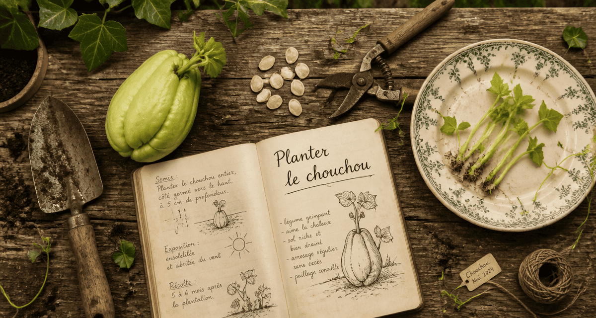 Planter chouchou sur table avec outils et carnet