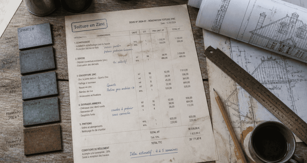 prix d un toit en zinc sur bureau d architecte