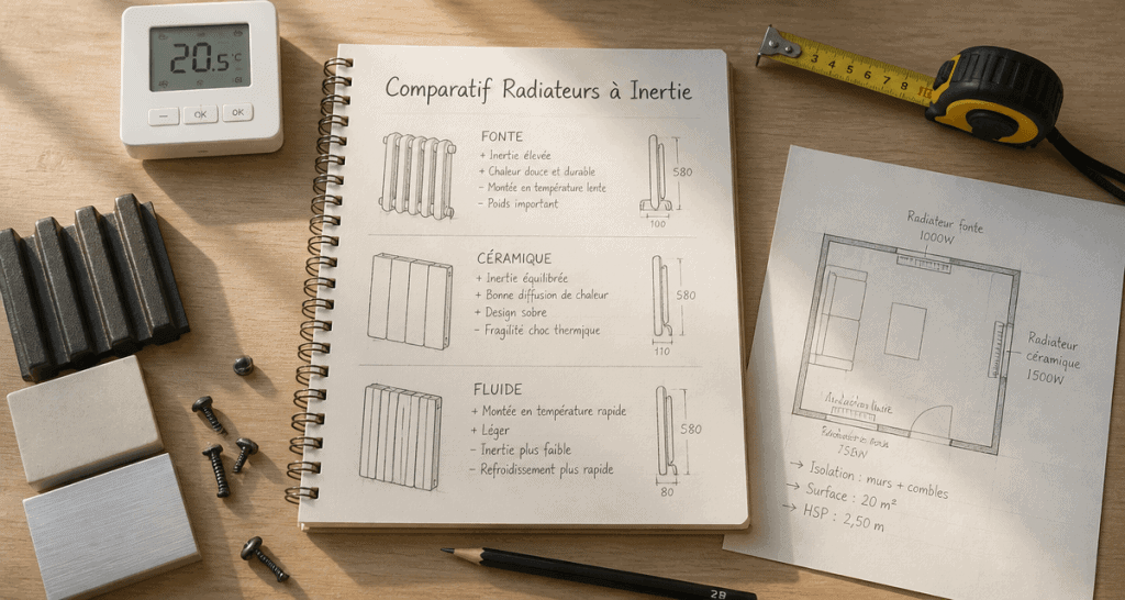 radiateur à inertie comparatif sur bureau avec croquis et matériaux