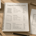 radiateur à inertie comparatif sur bureau avec croquis et matériaux