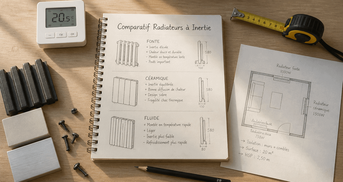 radiateur à inertie comparatif sur bureau avec croquis et matériaux