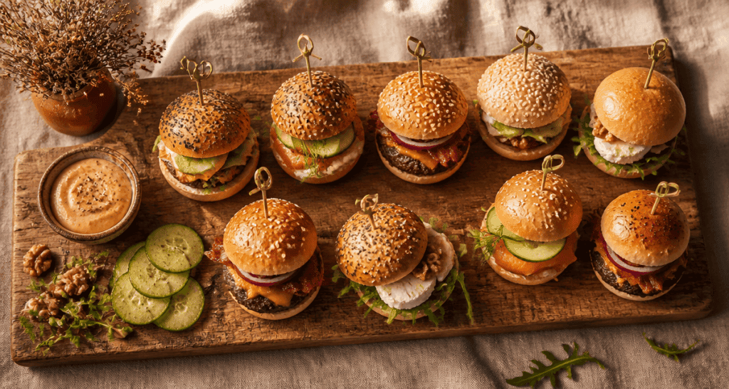 recette mini burger apéro sur plateau bois rustique