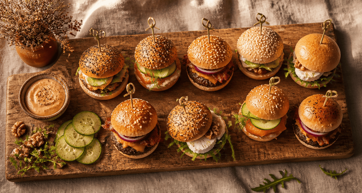 recette mini burger apéro sur plateau bois rustique