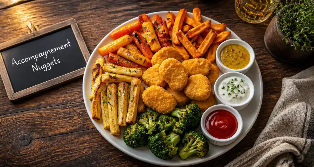 accompagnement nuggets avec légumes rôtis et frites de patates douces