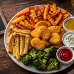 accompagnement nuggets avec légumes rôtis et frites de patates douces
