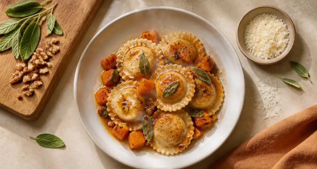 Accompagnement ravioli : butternut rôti, sauge, beurre noisette et parmesan