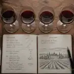 Apprendre vin : verres et carnet de dégustation de vin rouge