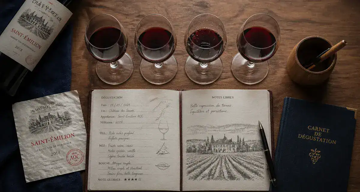 Apprendre vin : verres et carnet de dégustation de vin rouge