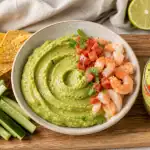 Avec quoi manger le guacamole : bol de guacamole vert, crevettes et chips de maïs
