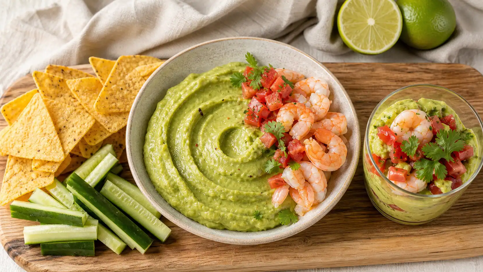 Avec quoi manger le guacamole : bol de guacamole vert, crevettes et chips de maïs