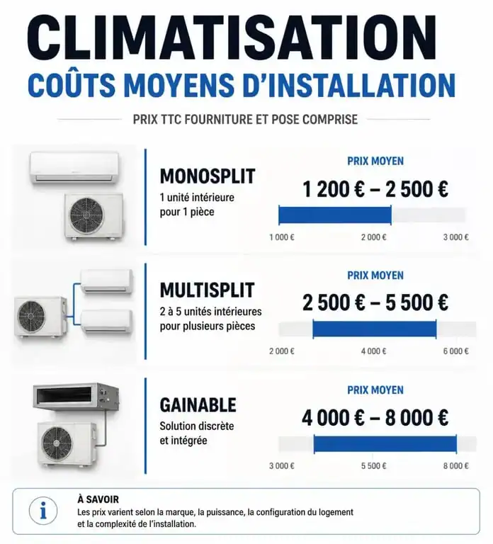 Comparatif des prix moyens d'installation d'une climatisation selon le type de système