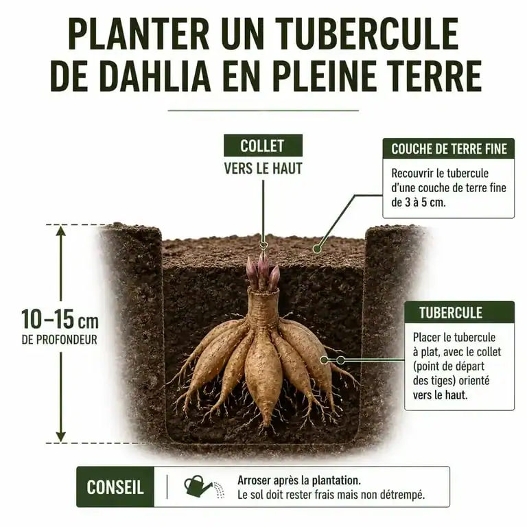Schéma illustrant les étapes de plantation des dahlias en pleine terre avec la profondeur idéale
