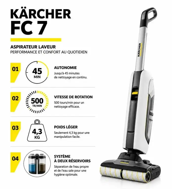 Infographie des caractéristiques techniques de l'aspirateur laveur Kärcher FC7 pour un avis complet