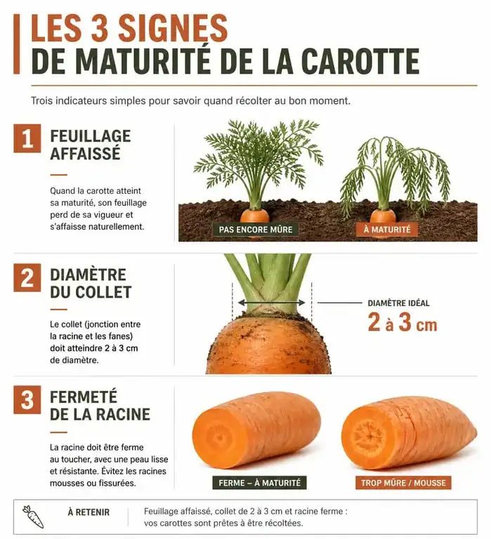 Infographie des signes de maturité pour savoir quand récolter les carottes au potager