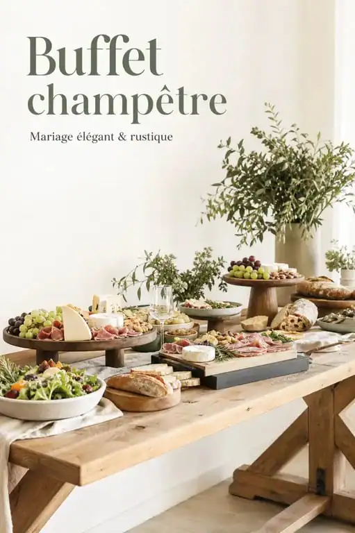 Buffet de mariage champêtre simple et pas cher avec des plats généreux et des produits locaux