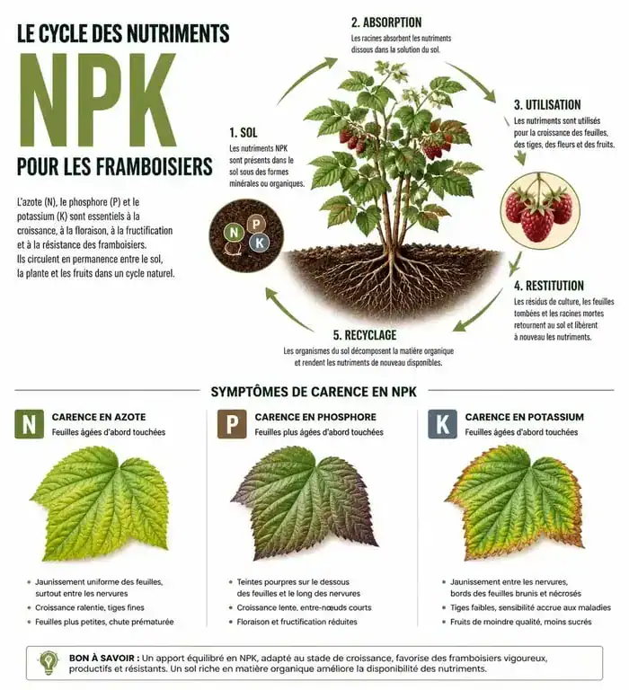 Infographie sur les besoins en engrais du framboisier et les symptômes de carences