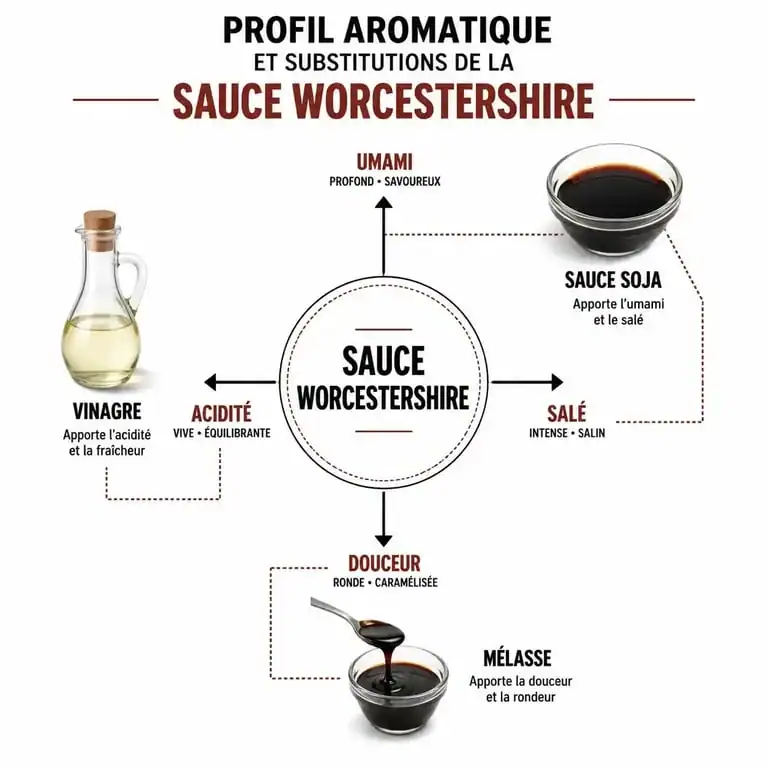 Infographie explicative des substituts de la sauce Worcestershire et de leur profil aromatique pour la cuisine