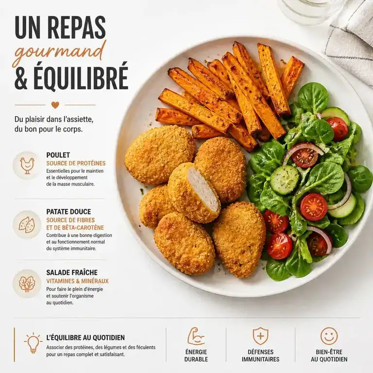 Assiette équilibrée avec nuggets de poulet et accompagnement de légumes rôtis