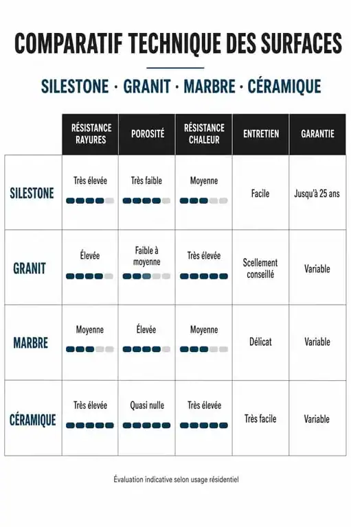 Comparatif technique des matériaux pour plan de travail : Silestone, granit, marbre et céramique