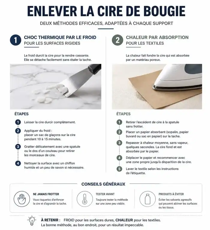 Infographie montrant comment enlever cire de bougie sur différents supports