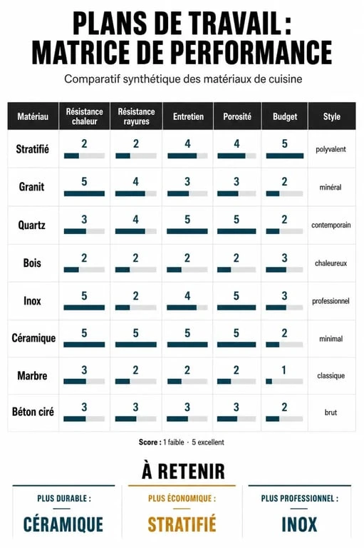 Tableau comparatif des matériaux de plan de travail de cuisine : résistance et budget
