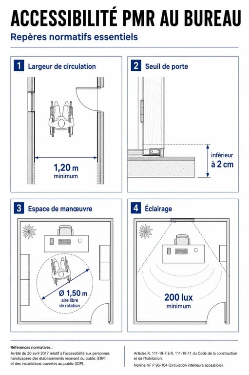 Infographie des normes d'accessibilité PMR pour l'agencement de bureaux de professions libérales