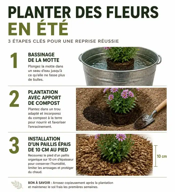 Infographie des étapes de plantation estivale pour réussir ses fleurs en juillet et août