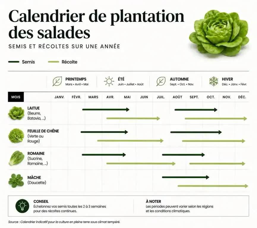 Calendrier de plantation des salades au potager : quand planter et récolter selon les saisons