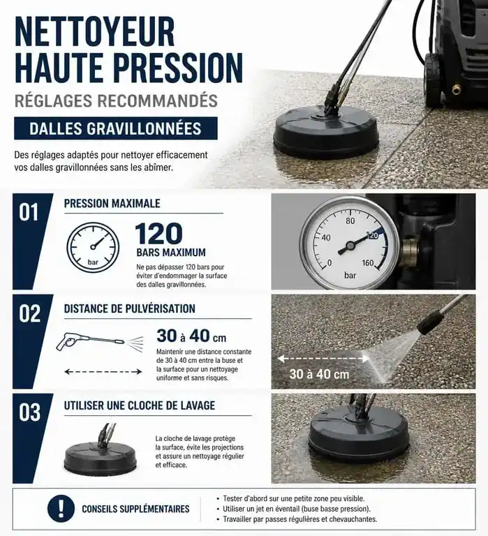 Infographie des réglages recommandés pour nettoyer des dalles gravillonnées noircies avec un nettoyeur haute pression