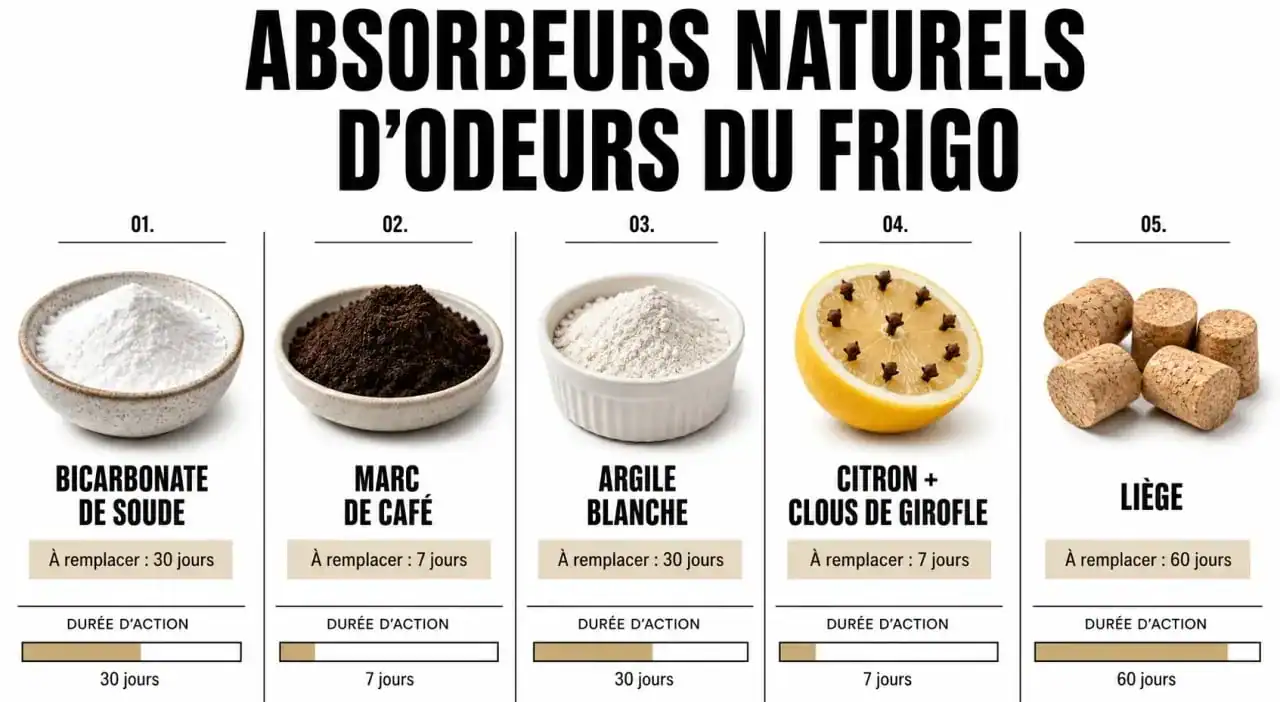 Infographie des astuces naturelles pour enlever les odeurs de frigo : bicarbonate, marc de café, argile, citron et bouchon de liège.