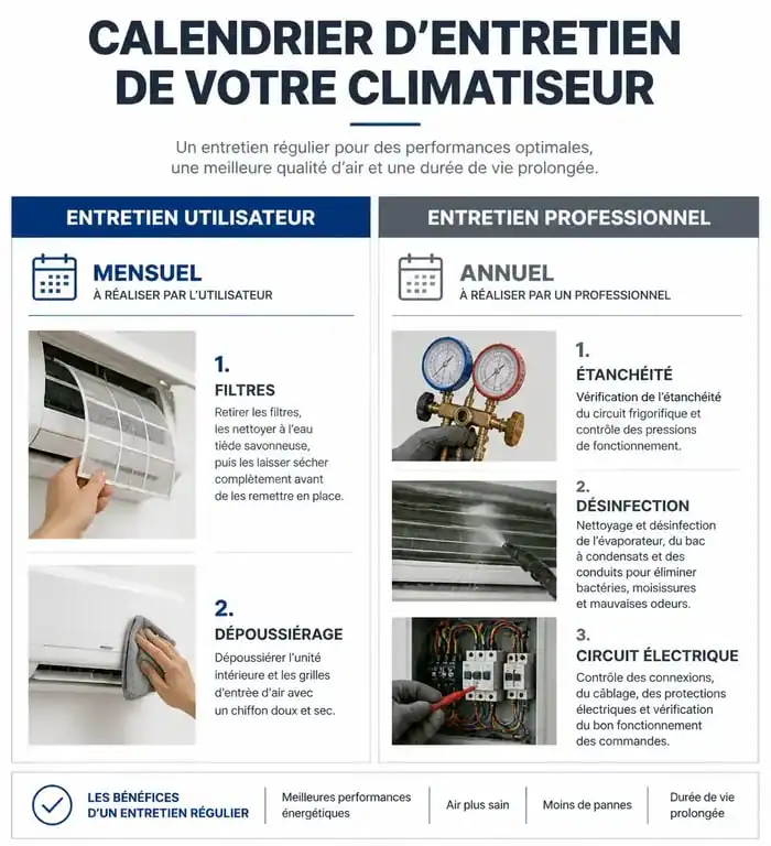 Infographie sur le calendrier d'entretien climatiseur : étapes utilisateur et professionnelles
