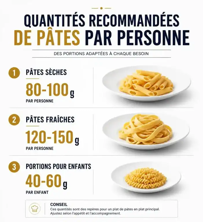 Infographie des quantités de pâtes par personne : grammage idéal pour pâtes sèches et fraîches