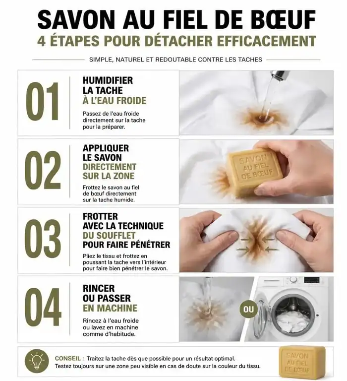 Infographie des étapes d'utilisation du savon au fiel de bœuf pour détacher efficacement les textiles.