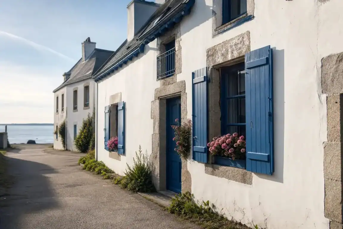 Maison de pêcheur traditionnelle en Bretagne avec façades blanches et volets colorés