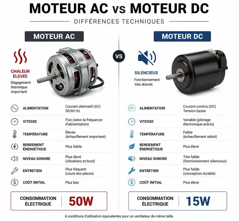 Comparatif technique entre ventilateur classique AC et ventilateur basse consommation DC pour économiser l'électricité