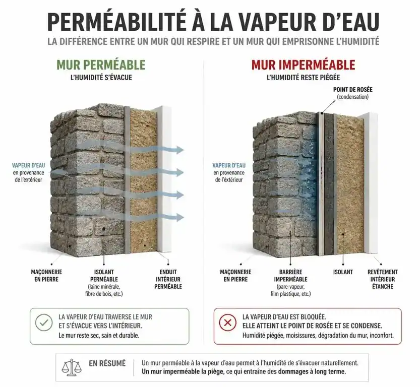 Schéma technique comparant l'isolation d'un mur en pierre respirant versus un mur avec isolant étanche