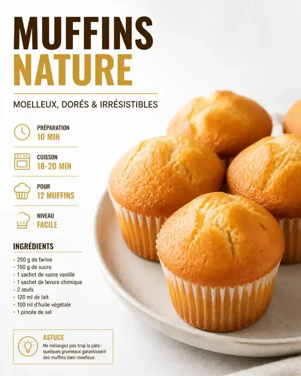 Recette pour muffins nature moelleux et dorés sur une assiette