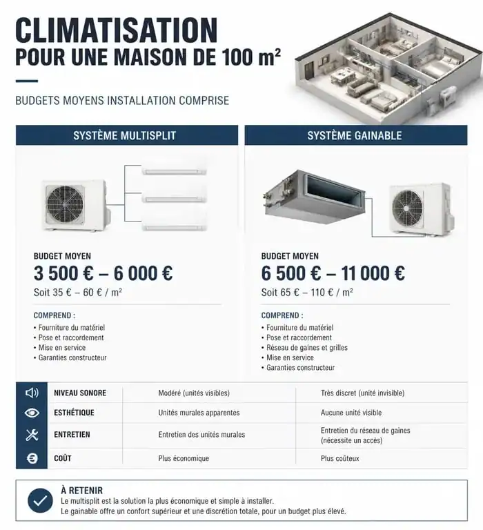 Infographie comparative des prix de climatisation pour une maison de 100m2