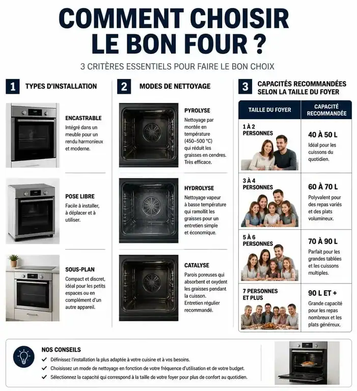Infographie comparative pour choisir son four : types, nettoyage et capacité