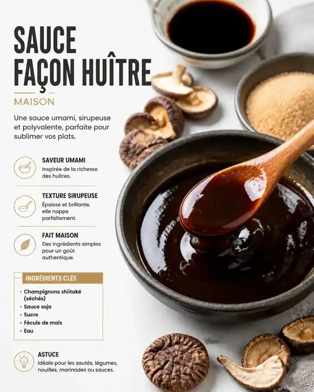 Sauce maison façon huître, alternative végétalienne à la sauce huître, dans un bol avec des champignons shiitaké.