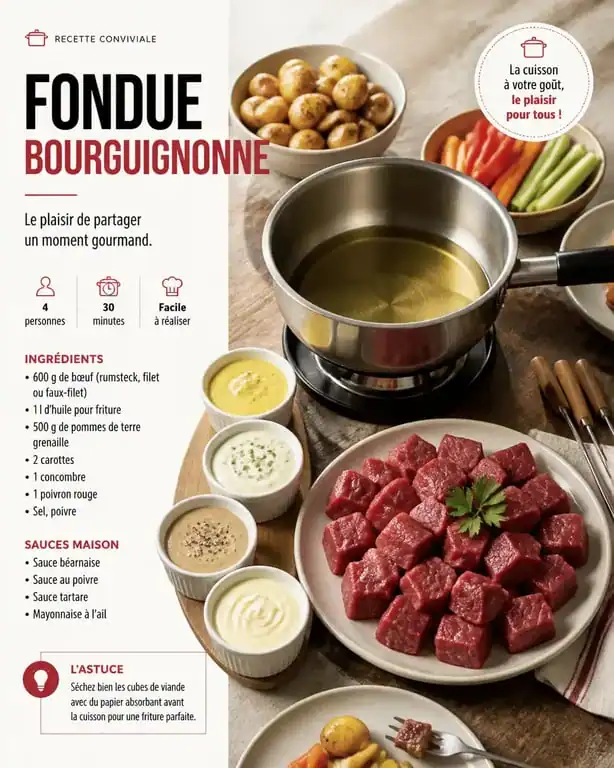 Table dressée pour une fondue bourguignonne avec accompagnements et sauces variés