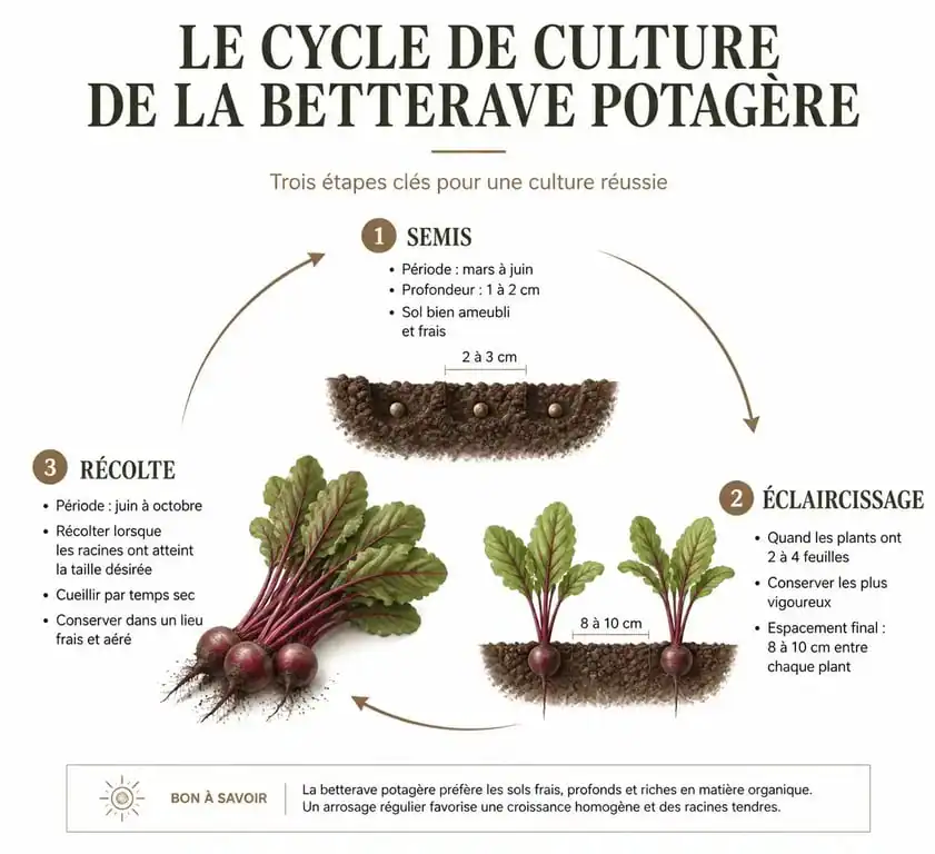 Infographie du cycle de culture et calendrier pour planter la betterave au potager