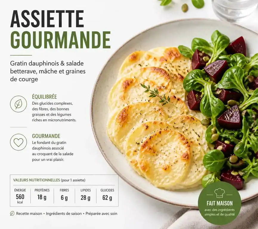 Assiette végétarienne composée d'un gratin dauphinois et d'une salade de betteraves, idéale pour savoir que manger avec un gratin dauphinois sans viande.