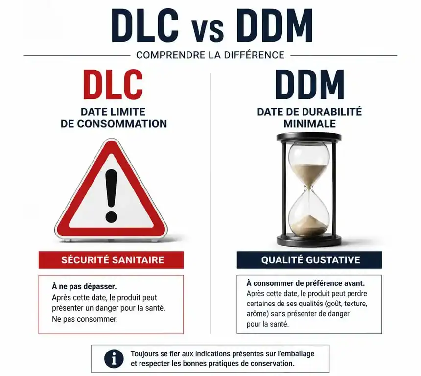 Infographie comparative entre DLC et DDM pour savoir combien de temps consommer après la date indiquée