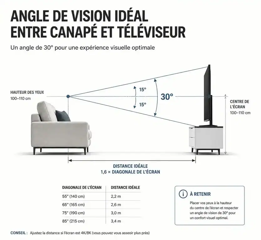 Schéma illustrant la distance idéale entre la TV et le canapé pour un confort visuel optimal