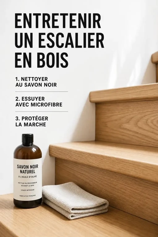 Nettoyage d'un escalier en bois avec du savon noir : matériel nécessaire et entretien naturel