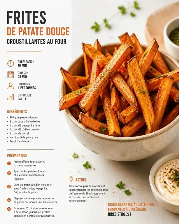 Frites de patate douce au four croustillantes en accompagnement