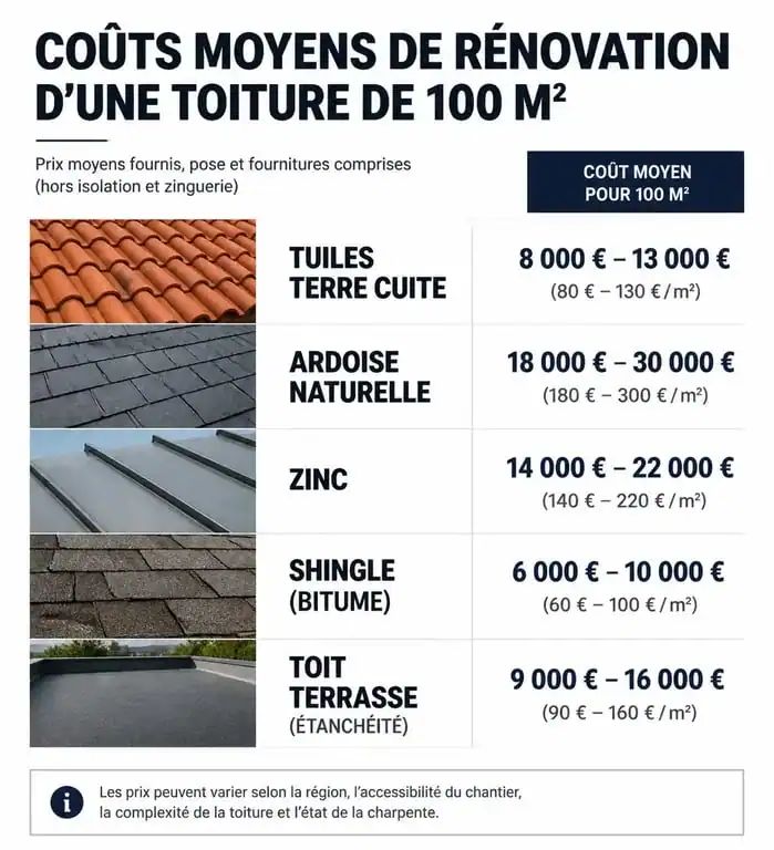 Infographie comparative des prix d'une toiture de 100m2 selon le matériau