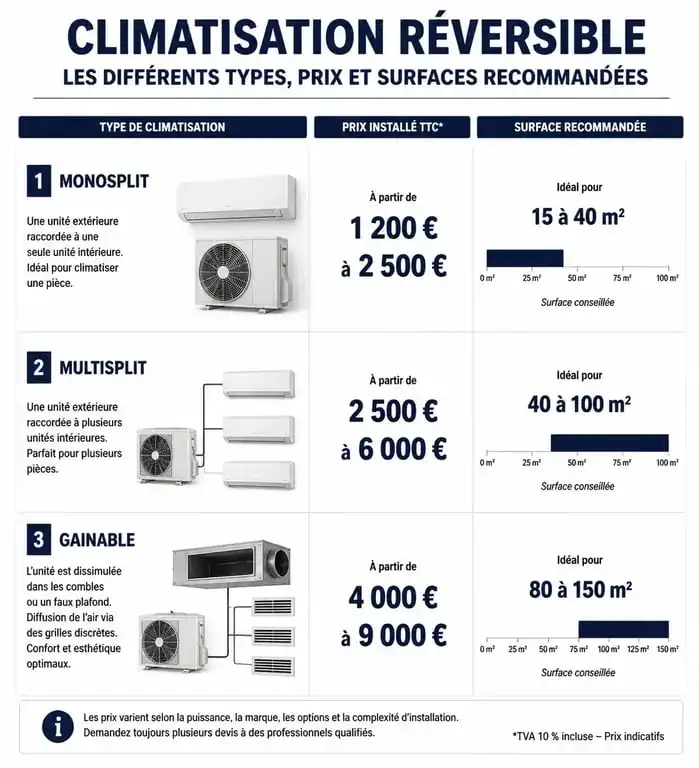 Comparatif des prix et types de climatisation réversible pour estimer votre budget